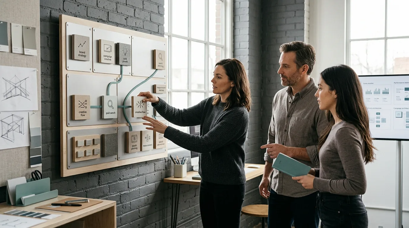 A brand and growth team assembling strategy, creative, content, and measurement