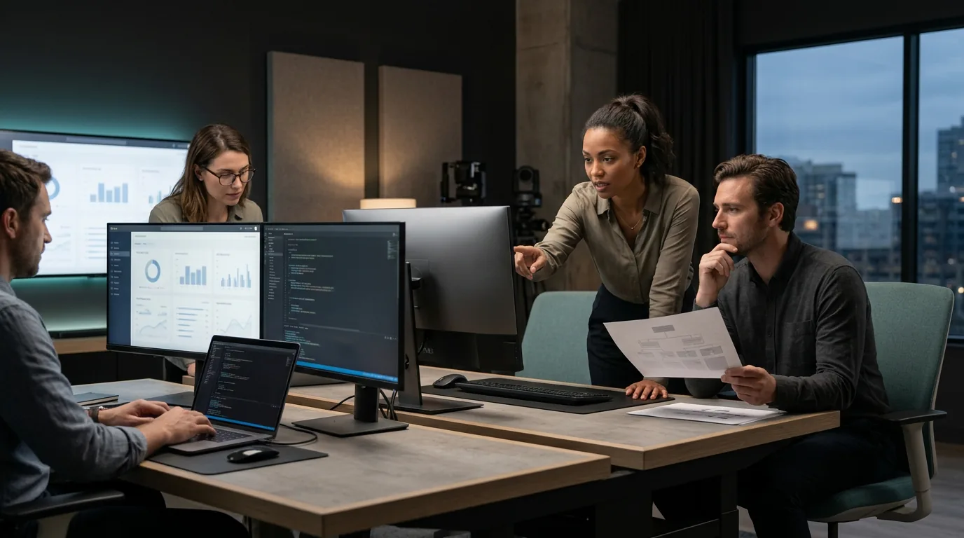 A connected launch team aligning strategy, design, analytics, and production readiness