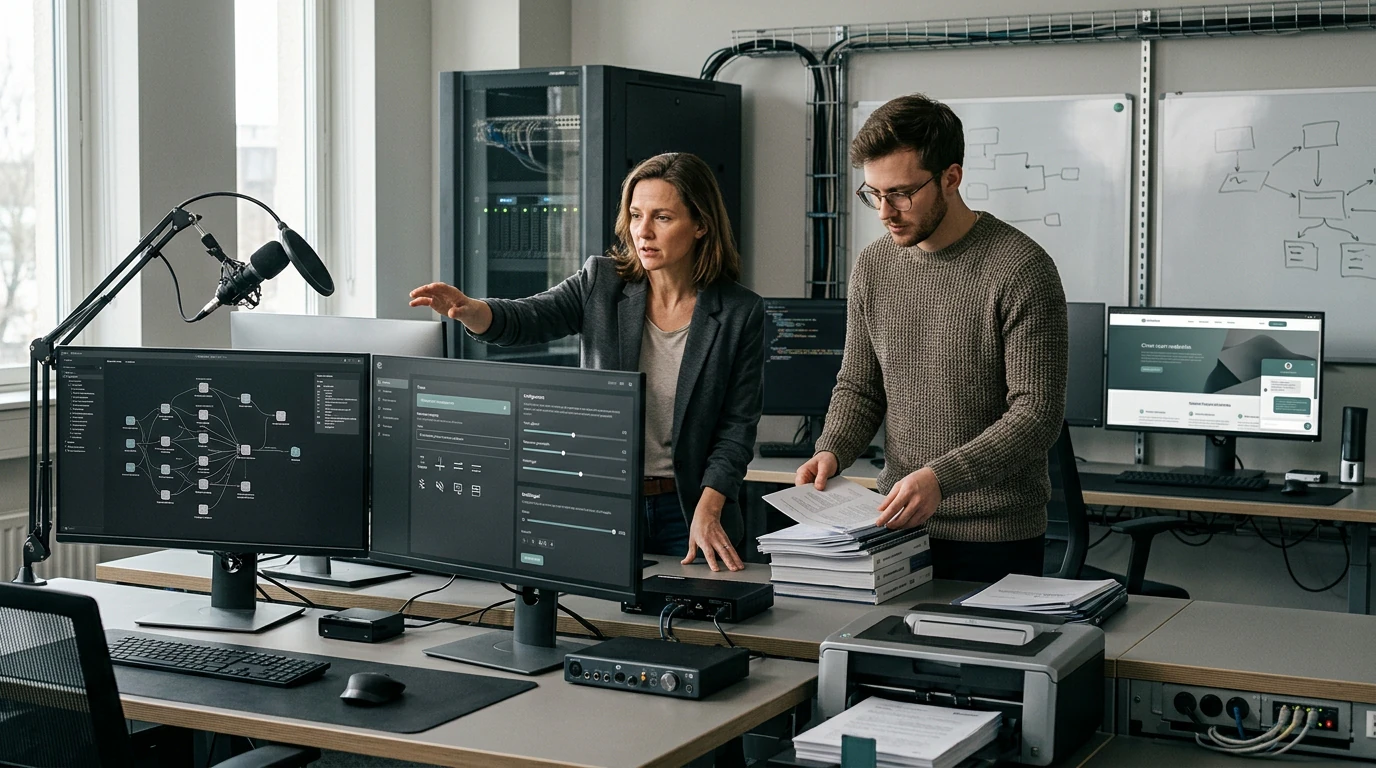 AI and automation specialists designing AI Chatbot with workflow maps, data, and live systems