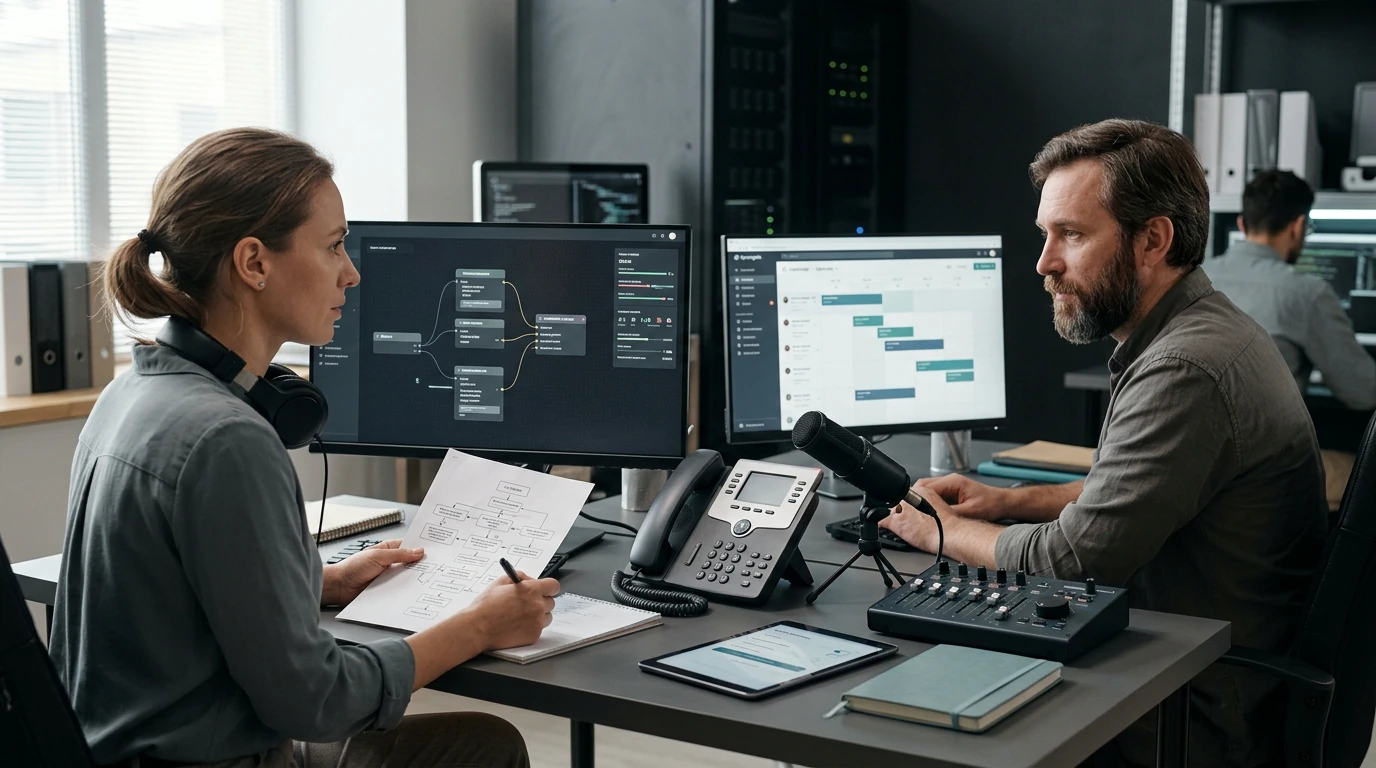 AI and automation specialists designing AI Voice Agent with workflow maps, data, and live systems