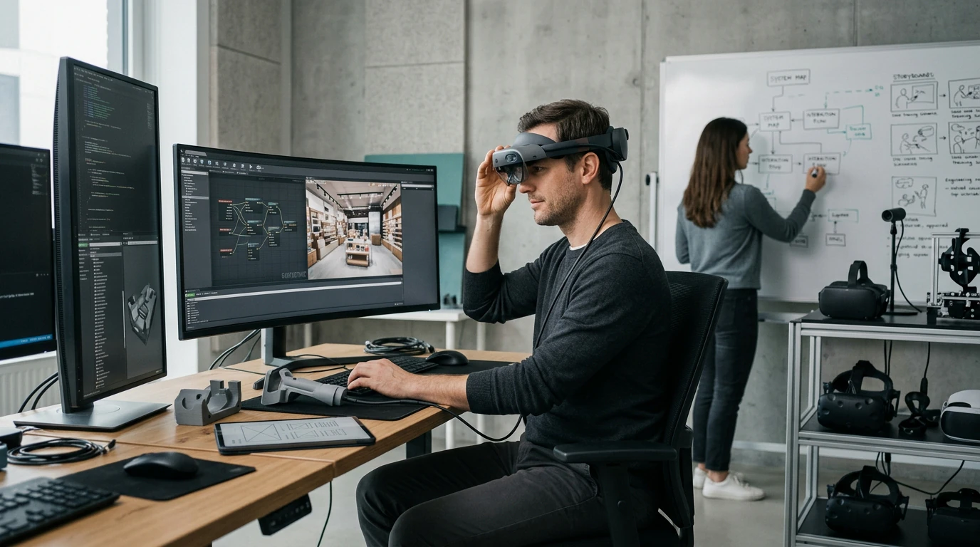 Software engineers planning AR VR Development with architecture diagrams, code, and development tools