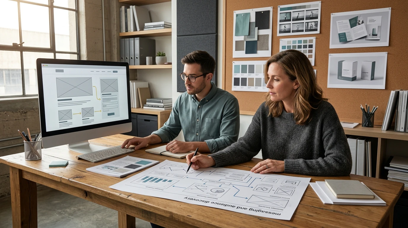 Creative specialists developing Copywriting Content Writing with visual references, production tools, and brand materials