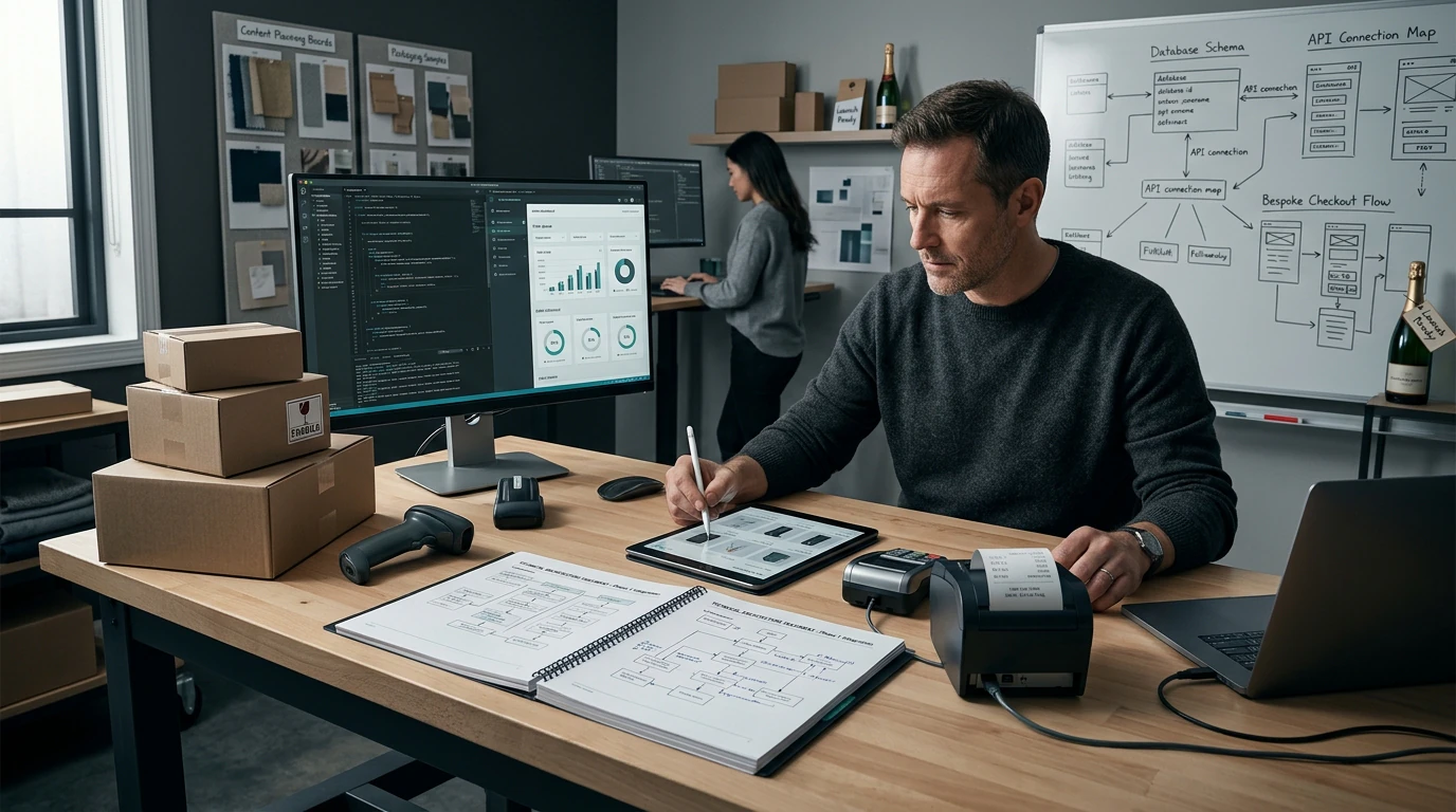 A digital product team reviewing Custom Ecommerce across responsive desktop and mobile interfaces