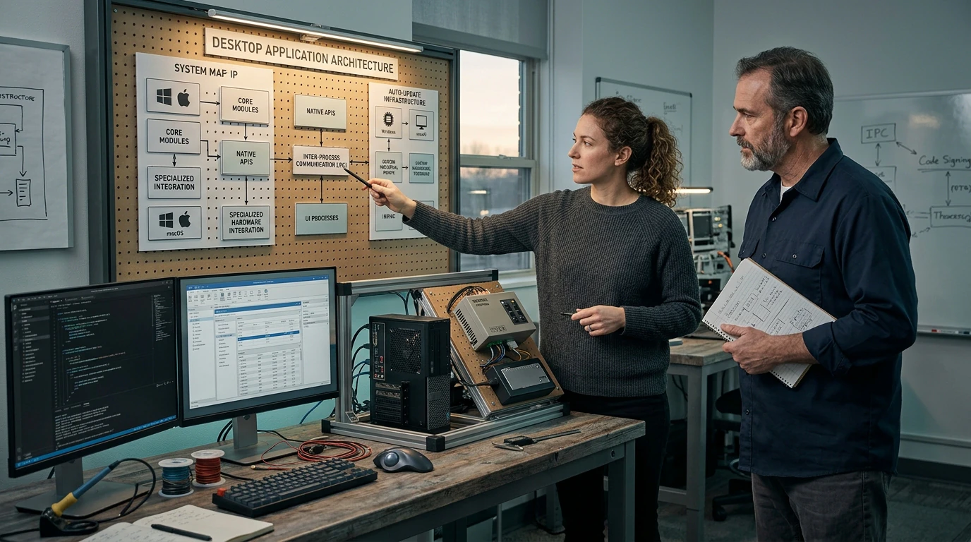 Software engineers planning Desktop Software with architecture diagrams, code, and development tools