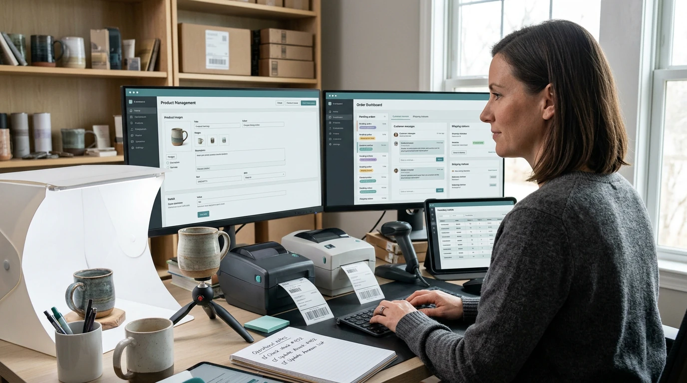 Business operations specialists coordinating Ecommerce Store Assistant with organized workflows, records, and client communication