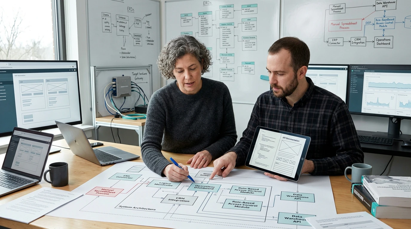 Software engineers planning Enterprise Software with architecture diagrams, code, and development tools