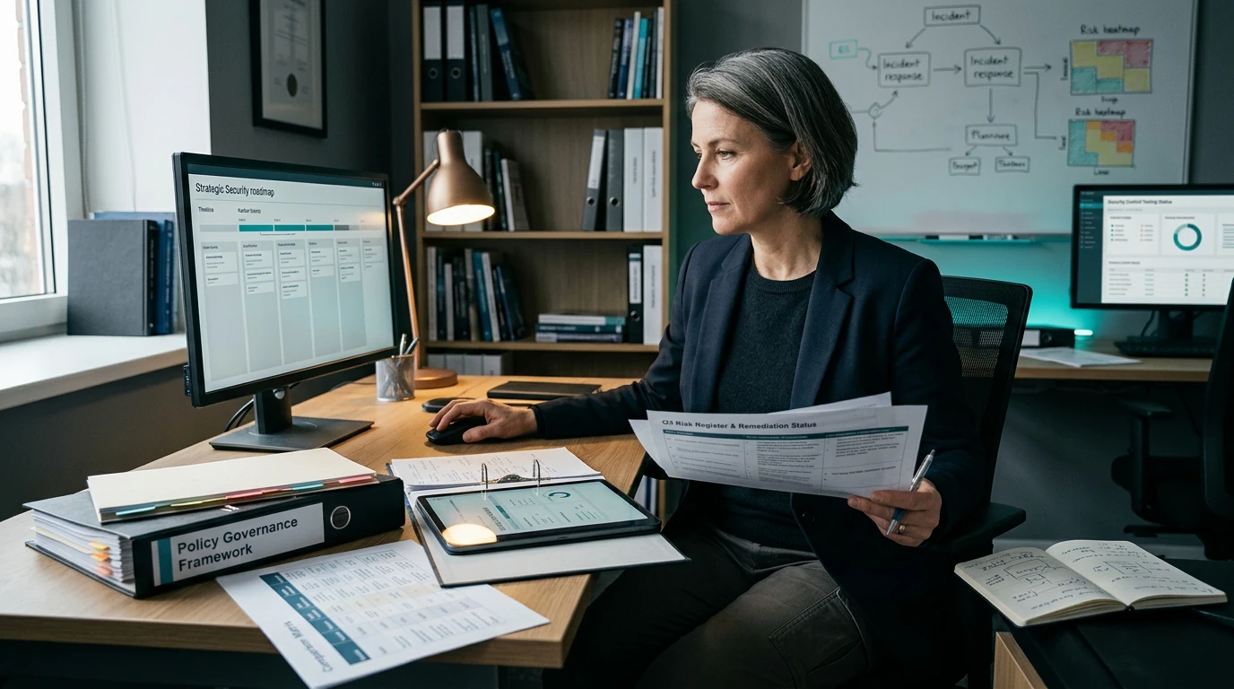 Cybersecurity specialists working on Fractional CISO with network, endpoint, and risk telemetry