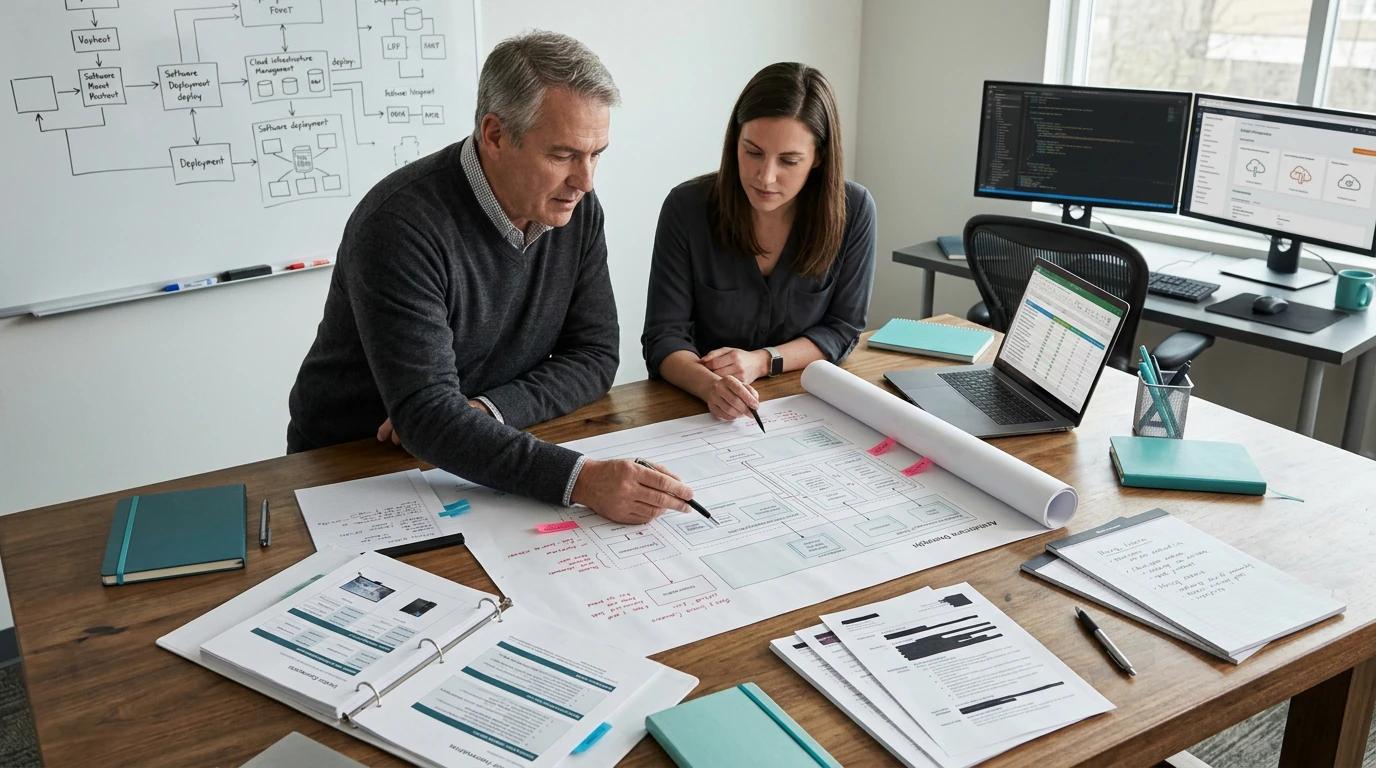 Software engineers planning Fractional CTO with architecture diagrams, code, and development tools
