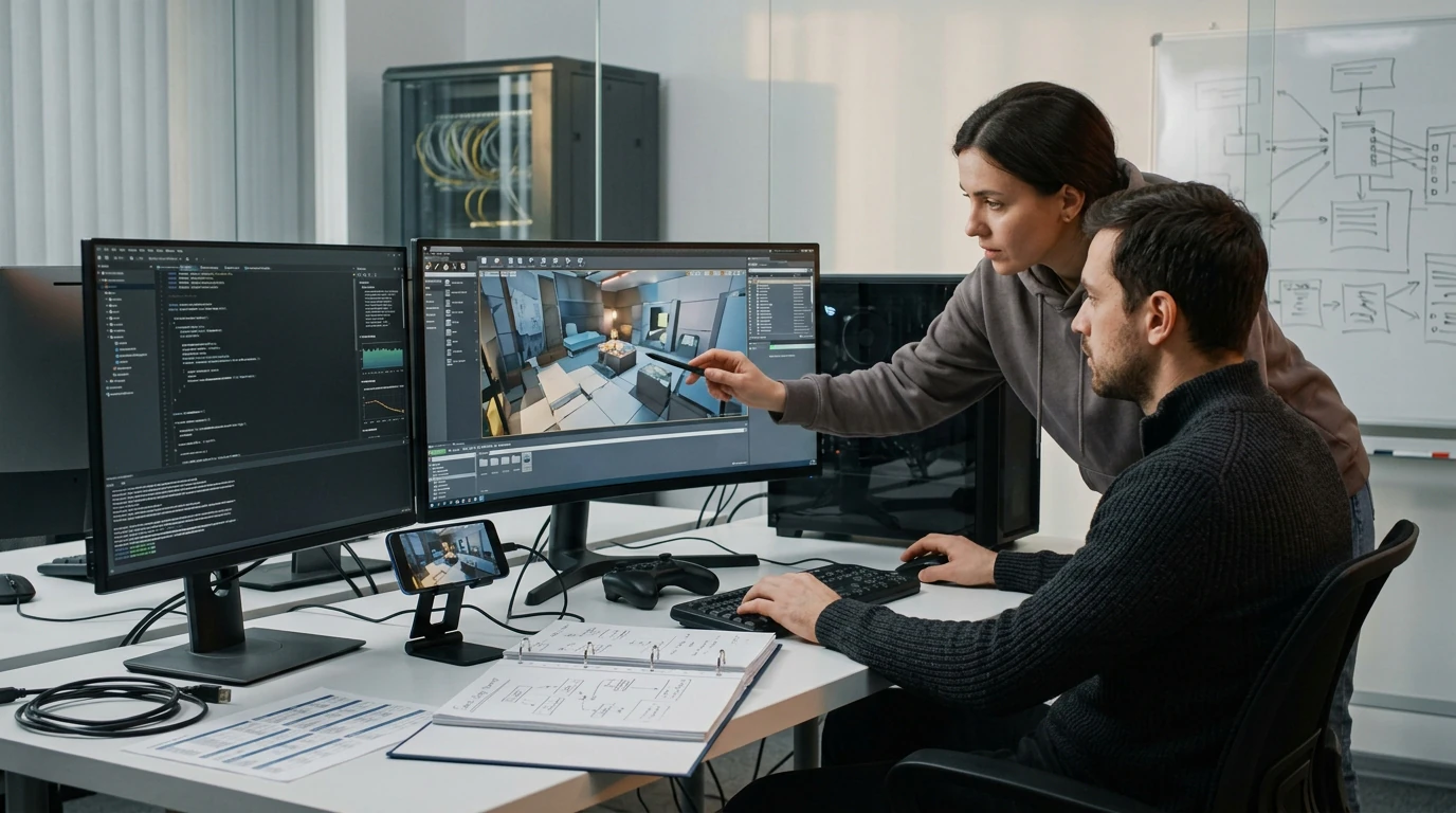 Software engineers planning Game Development with architecture diagrams, code, and development tools