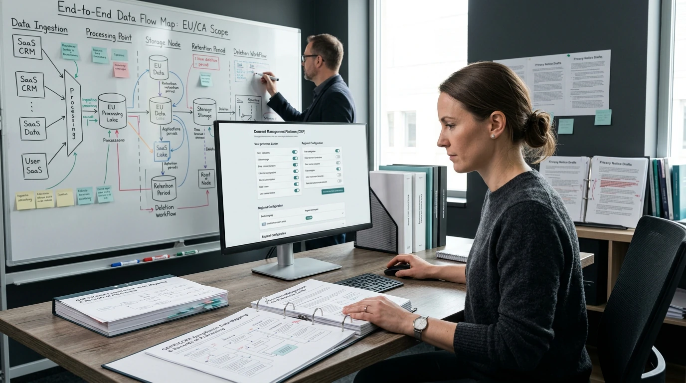 Cybersecurity specialists working on GDPR CCPA Compliance with network, endpoint, and risk telemetry