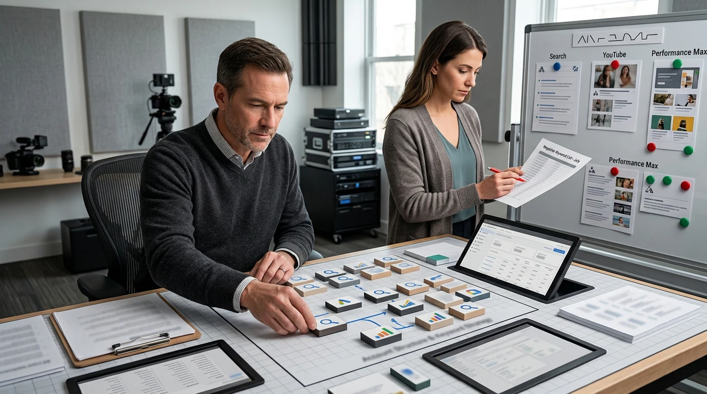 Growth specialists planning Google Ads Management with campaign, audience, content, and performance data