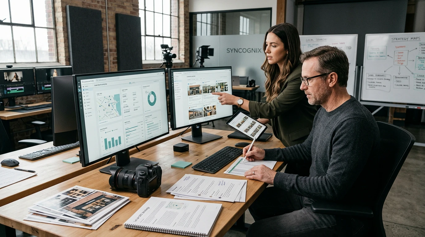 Growth specialists planning Google Business Profile with campaign, audience, content, and performance data