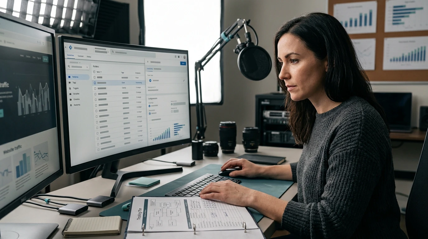 Growth specialists planning Google Tag Manager with campaign, audience, content, and performance data