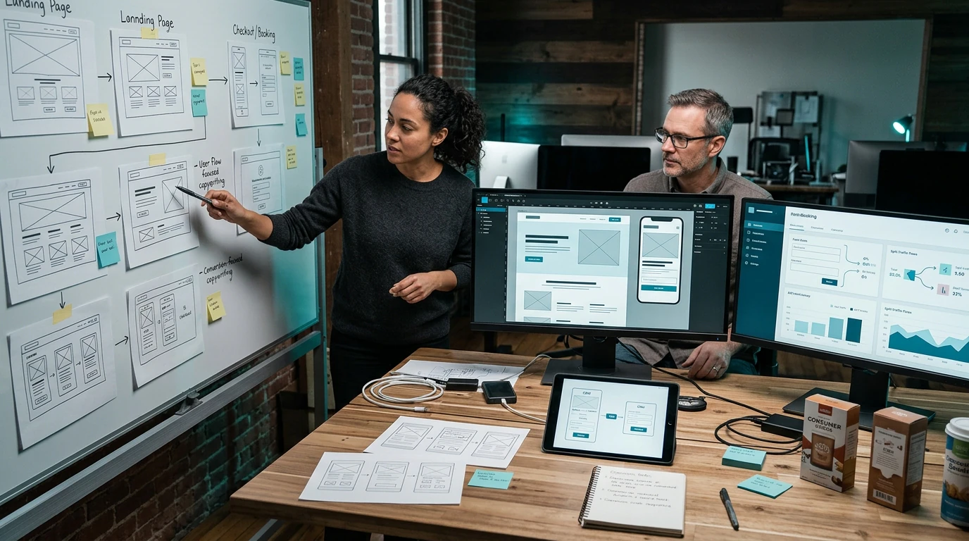 A digital product team reviewing Landing Page Funnel across responsive desktop and mobile interfaces