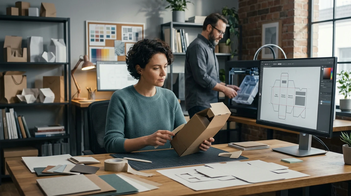 Creative specialists developing Packaging Design with visual references, production tools, and brand materials