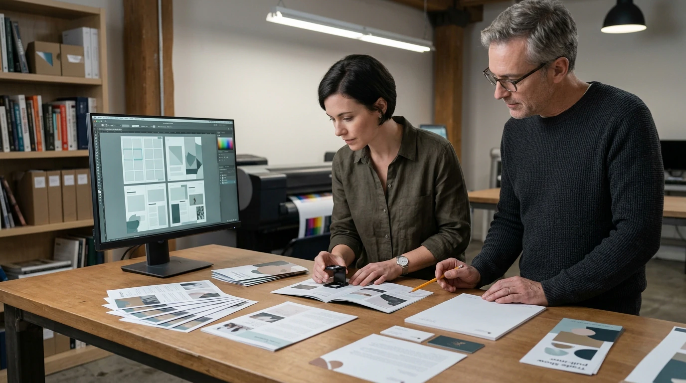 Creative specialists developing Print Collateral with visual references, production tools, and brand materials