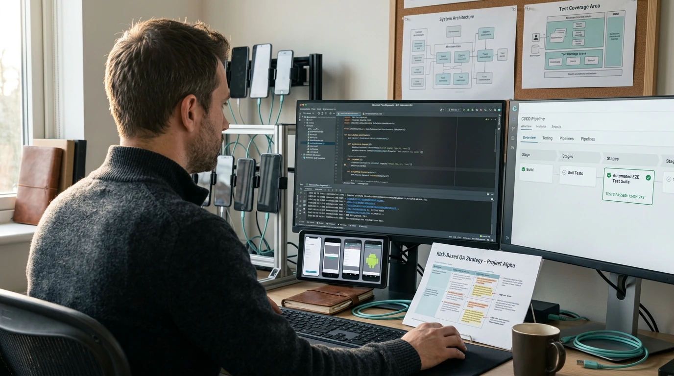 Software engineers planning QA Test Automation with architecture diagrams, code, and development tools