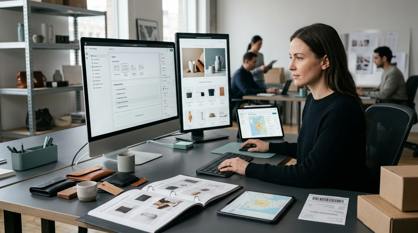 A digital product team reviewing Shopify Development across responsive desktop and mobile interfaces