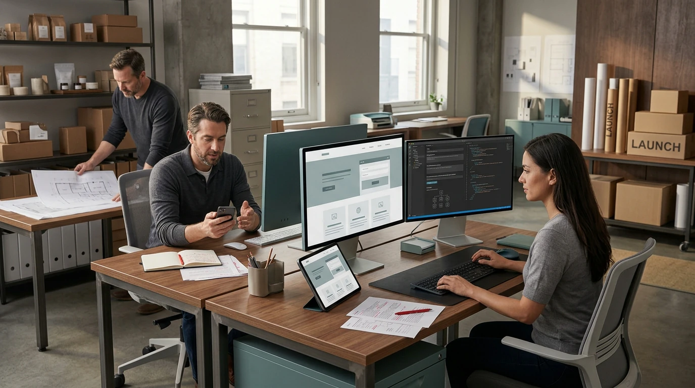 Creative specialists developing UI UX Design with visual references, production tools, and brand materials