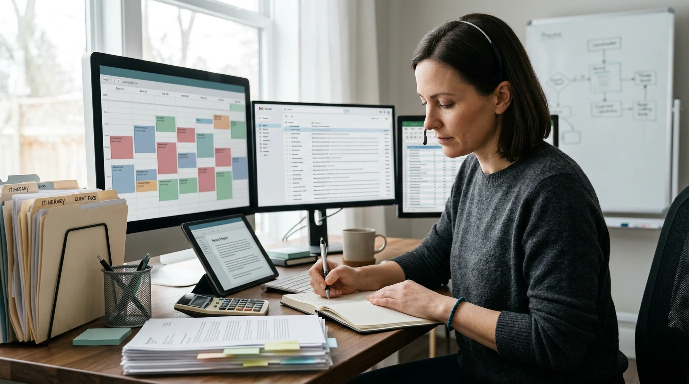 Business operations specialists coordinating Virtual Assistant with organized workflows, records, and client communication
