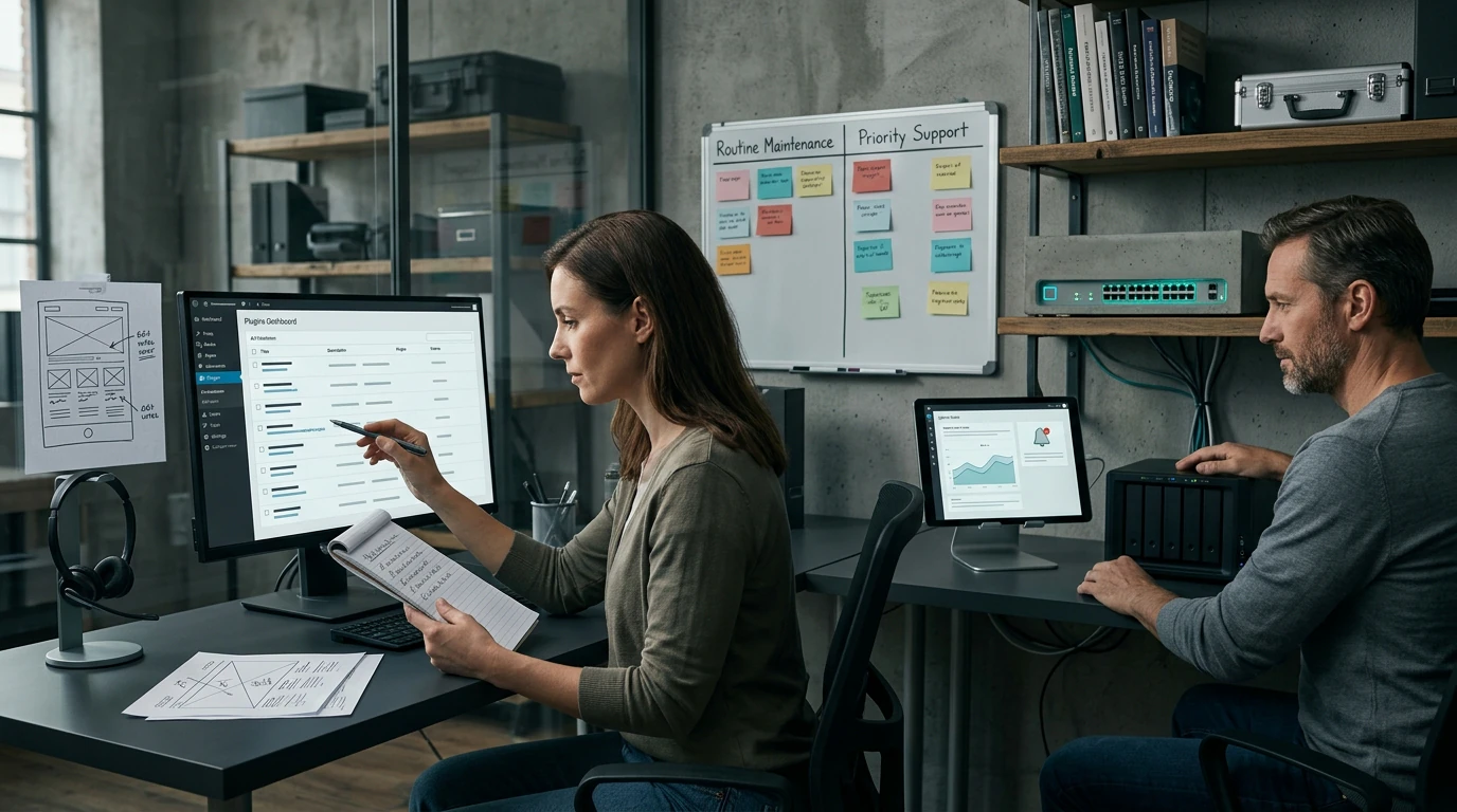 A digital product team reviewing Website Care Plan across responsive desktop and mobile interfaces
