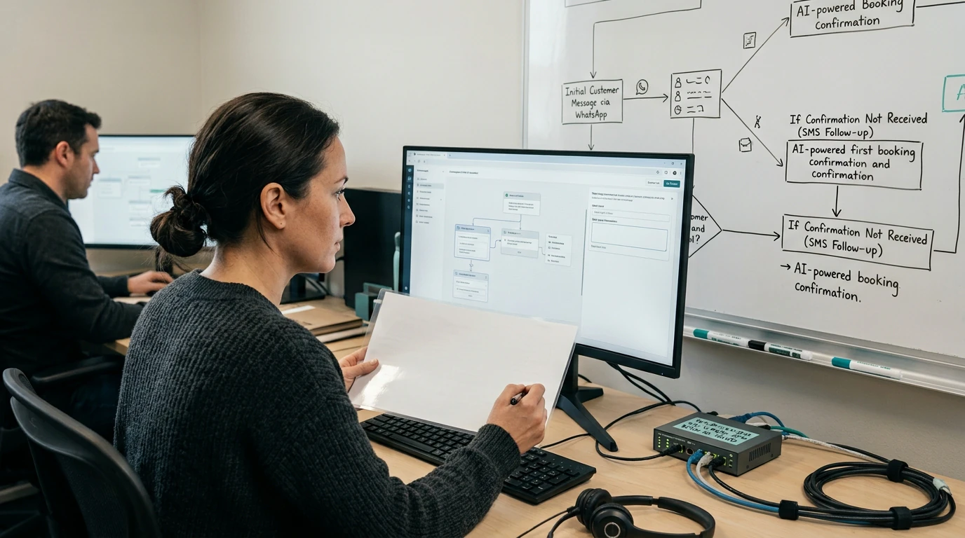AI and automation specialists designing WhatsApp SMS AI Assistant with workflow maps, data, and live systems