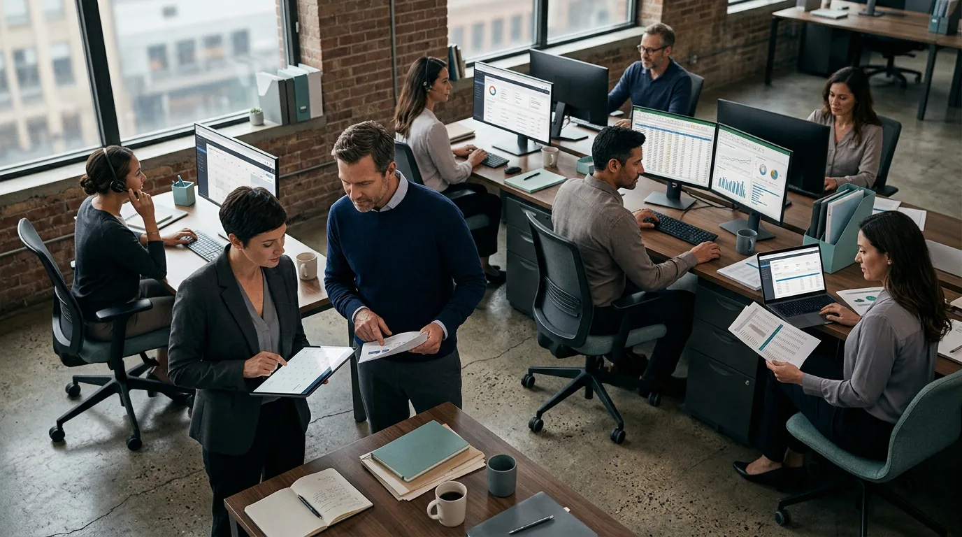 A business support team coordinating administration, research, schedules, and client operations